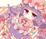  1girl :&lt; blush_stickers bow candy frills gloves hair_bow hair_ornament hair_ribbon hat holding lollipop long_hair looking_at_viewer marshmallow_mille mob_cap patchouli_knowledge purple_hair red_gloves ribbon solo tagme touhou twintails violet_eyes 