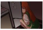  1girl :t alternate_eye_color caught chinese_clothes eating food food_on_face from_above green_clothes hong_meiling long_hair looking_up magnet red_eyes redhead refrigerator refrigerator_magnet short_sleeves side_slit tangzhuang terimayo touhou translated 