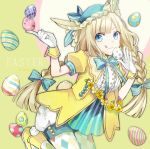  1girl :q animal_ears blue_eyes braid buzz easter_egg gloves leaning_forward light_brown_hair long_hair looking_at_viewer original rabbit_ears smile solo tongue tongue_out twin_braids white_gloves 