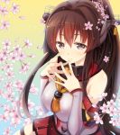  1girl breasts brown_hair cherry_blossoms cyanomirahi detached_sleeves flower kantai_collection long_hair looking_at_viewer petals skirt smile solo steepled_fingers yamato_(kantai_collection) 