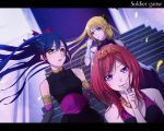  3girls ayase_eli bare_shoulders blonde_hair blue_eyes blue_hair brown_eyes earrings finger_to_mouth jewelry love_live!_school_idol_project mdk_(m-kuri) multiple_girls nishikino_maki redhead shushing sonoda_umi tiara violet_eyes 