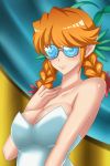  1girl bare_shoulders braid breasts cleavage coke-bottle_glasses dress freckles freckles_(space_dandy) highres large_breasts light_smile long_hair m_(masa11051105) orange_hair plant plant_on_head pointy_ears smile solo space_dandy strapless_dress twin_braids white_dress 