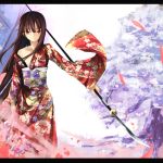 &gt;:) 1girl brown_hair eisuto holding japanese_clothes kimono long_hair looking_at_viewer naginata obi off_shoulder original parted_lips petals polearm red_eyes sash smile smirk solo tagme weapon wind 