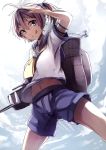  &gt;:q 1girl :q aoba_(kantai_collection) blue_eyes highres kantai_collection kyouya_(mukuro238) machinery midriff navel purple_hair salute school_uniform serafuku short_hair short_ponytail shorts solo standing tongue tongue_out 