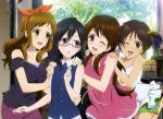  4girls :d ;d absurdres black_hair blue_eyes bow brown_hair casual fukami_hina fukami_touko girls_mate glasses glasslip hair_bow highres kojima_asuka long_hair multiple_girls nagamiya_sachi official_art one_eye_closed open_mouth red_eyes short_hair side_ponytail smile takayama_yanagi yellow_eyes 