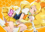  1girl :p artist_name bee blonde_hair cure_honey happinesscharge_precure! heart long_hair looking_at_viewer magical_girl oomori_yuuko orange_background ponytail precure shiitake_urimo solo tongue tongue_out yellow_eyes 