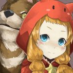  1girl animal blue_eyes blush brown_background bust hood little_red_riding_hood_(p&amp;d) long_hair mosamune orange_hair puzzle_&amp;_dragons simple_background smile solo star twintails wolf 