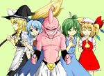  1boy 4girls baggy_pants blonde_hair blue_eyes blue_hair bow broom cirno crossover crystal daiyousei dragon_ball dragon_ball_z dress evil_smile flandre_scarlet green_eyes green_hair hair_bow hair_ribbon happy hat ice ice_wings kaiteki_(gk428425) kirisame_marisa long_hair majin_buu multiple_girls pants pink_skin puffy_sleeves red_eyes ribbon short_hair side_ponytail smile touhou vampire vest wings witch_hat yellow_eyes 