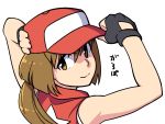  1girl adjusting_clothes adjusting_hat black_gloves blonde_hair bomber_jacket brown_eyes brown_hair commentary_request cosplay fatal_fury fingerless_gloves gloves hagiwara_yukiho hat idolmaster king_of_fighters looking_back ponytail sat simple_background smile snk solo terry_bogard terry_bogard_(cosplay) translation_request white_background 