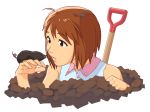  1girl brown_hair dirt hagiwara_yukiho idolmaster mole_(animal) parted_lips sat short_hair shovel white_background worktool 