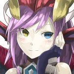  1girl blue_eyes blush bust dragon_girl dragon_horns dragon_wings fingerless_gloves gloves hand_on_own_face heterochromia horns long_hair mosamune purple_hair puzzle_&amp;_dragons simple_background smile solo sonia_(p&amp;d) white_background wings yellow_eyes 