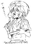  1boy blush chopsticks closed_eyes eating eskosugi inazuma_eleven_(series) inazuma_eleven_go kirino_ranmaru lightning_bolt long_hair male monochrome open_mouth raimon raimon_soccer_uniform soccer_uniform solo sportswear twintails white_background 