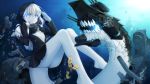  1girl black_bra blue_eyes bra breasts bubble clenched_teeth glowing glowing_eyes hood jacket kantai_collection legs looking_at_viewer monster o-ring_top pale_skin re-class_battleship scarf shinkaisei-kan short_hair solo terras turret underwater underwear white_hair 