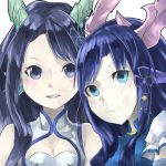  2girls bare_shoulders black_hair blue_dress blue_eyes blue_hair blush breasts bust china_dress chinese_clothes cleavage cleavage_cutout dragon_girl dragon_horns dress dual_persona empty_eyes hair_ornament head_fins karin_(p&amp;d) long_hair mosamune multiple_girls puzzle_&amp;_dragons short_sleeves simple_background sleeveless sleeveless_dress smile teeth violet_eyes white_background white_dress 