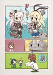  3girls :3 ahoge amatsukaze_(kantai_collection) blonde_hair blue_hair braid brown_hair comic elbow_gloves fairy_(kantai_collection) gloves green_hair hair_ribbon headgear helmet innertube kantai_collection machinery midriff minigirl multiple_girls navel open_mouth panties rensouhou-chan rensouhou-kun ribbon shimakaze_(kantai_collection) silver_hair soppos squatting striped striped_legwear thigh-highs translated turret two_side_up underwear wrench yukikaze_(kantai_collection) 