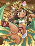  1girl :3 :d animal_ears ankle_lace-up anklet armlet bare_shoulders barefoot bastet_(p&amp;d) blush bracer brown_hair cat_ears cat_tail cross-laced_footwear dark_skin earrings egyptian egyptian_clothes fang feet green_eyes headpiece hoop_earrings jewelry necklace open_mouth oyatsu_(mk2) puzzle_&amp;_dragons single_earring skirt smile soles solo stone_wall tail toes tubetop wall white_skirt 