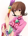  1girl annie_barrs bracelet brown_hair flipped_hair gem jewelry kirimi_maguro shirt short_hair smile solo staff tales_of_(series) tales_of_rebirth white_background yellow_eyes 