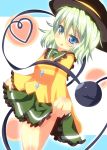  &gt;:p 1girl blue_eyes dutch_angle green_hair hat komeiji_koishi looking_at_viewer no_panties short_hair skirt skirt_lift solo tagme third_eye touhou yuimari 