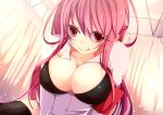  1girl :q armband black_bra black_legwear bloodcatblack bra breasts breasts_outside highres infirmary long_hair looking_at_viewer original pink_hair pov red_eyes straddling thigh-highs tongue tongue_out underwear 