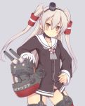  1girl amatsukaze_(kantai_collection) black_panties brown_eyes garter_straps gloves hair_tubes hand_on_hip headgear kantai_collection long_hair long_sleeves looking_at_viewer mrisk neckerchief panties rensouhou-kun sailor_collar sailor_dress silver_hair single_glove solo thigh-highs two_side_up underwear white_gloves zettai_ryouiki 