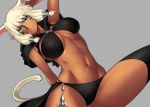  1girl animal_ears aqua_eyes bikini breasts capelet cat_ears cat_tail cleavage dark_skin dutch_angle facial_mark final_fantasy final_fantasy_xiv frown grey_background large_breasts looking_at_viewer midriff miqo&#039;te navel solo swimsuit tail takebouzu thigh-highs white_hair y&#039;shtola 