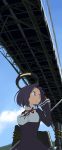  1girl blue_sky bridge clouds glaive gloves imai_tetsuya kantai_collection machinery mechanical_halo short_hair sky solo tatsuta_(kantai_collection) 