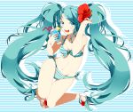  1girl :d aqua_eyes aqua_hair bikini drink enma614_(patidonn) flower hair_flower hair_ornament hatsune_miku highres long_hair navel open_mouth sandals smile solo straw striped striped_background striped_bikini striped_swimsuit swimsuit twintails very_long_hair vocaloid 