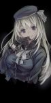  1girl ama-tou atago_(kantai_collection) black_background black_gloves blue_eyes bust gloves hat highres kantai_collection light_smile long_hair looking_at_viewer simple_background sketch solo 