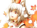  1girl animal_ears autumn_leaves bare_shoulders blush hat inubashiri_momiji leaf leaf_background looking_up open_mouth pom_pom_(clothes) red_eyes short_hair silver_hair solo tail tokin_hat touhou wolf_ears wolf_tail zzzzzzzzzzzzzzp 