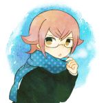  1boy ayu_(mog) blue_background bust glasses inazuma_eleven_(series) inazuma_eleven_go inazuma_eleven_go_galaxy male_focus manabe_jin&#039;ichirou open_mouth pink_hair scarf short_hair solo unmoving_pattern white_background 