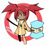  1girl boots character_name chibi dark_skin dress full_body hair_ornament hairclip hammer jewelry key long_sleeves looking_at_viewer lowres pendant red_eyes redhead sari_sumdac short_twintails smile standing thigh-highs transformers transformers_animated twintails zettai_ryouiki 