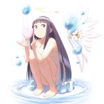  1girl bare_shoulders barefoot blue_eyes cupping_hands detached_wings dress feet heart highres hime_cut legs long_hair noraico original purple_hair ripples smile solo source_request squatting toes water water_drop white_background wings 