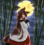  1girl animal_ears bamboo bamboo_forest black_cloud brown_hair clouds cloudy_sky fingernails forest from_behind full_moon highres imaizumi_kagerou layered_dress long_hair long_sleeves looking_at_viewer looking_back moon nature red_eyes red_fingernails s_katsuo sharp_fingernails sky smile solo tail touhou wolf_ears wolf_tail 