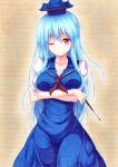  1girl blue_dress blue_hair breasts cleavage colored_pencil_(medium) crossed_arms dress hat highres kamishirasawa_keine kittona large_breasts long_hair looking_at_viewer millipen_(medium) one_eye_closed red_eyes solo touhou traditional_media watercolor_pencil_(medium) 