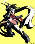  1girl asymmetrical_legwear black_eyes black_gloves black_hair black_legwear elbow_gloves fingerless_gloves flat_chest gloves h-new hair_ornament kantai_collection ninja scarf sendai_(kantai_collection) short_hair skirt solo tantou thigh-highs twintails two_side_up yellow_background 