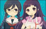  2girls apron ayu_(mog) black_hair braid crying crying_with_eyes_open dangan_ronpa fukawa_touko glasses grey_eyes long_hair mole multiple_girls nurse puffy_short_sleeves puffy_sleeves purple_hair round_glasses school_uniform serafuku short_sleeves super_dangan_ronpa_2 tears tsumiki_mikan twin_braids violet_eyes wavy_mouth 