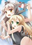 2girls amatsukaze_(kantai_collection) anchor_hair_ornament black_swimsuit blonde_hair brown_eyes fang fukemachi green_eyes hair_tubes headgear hug kantai_collection long_hair looking_at_viewer multiple_girls one-piece_swimsuit open_mouth shimakaze_(kantai_collection) silver_hair swimsuit two_side_up v 