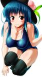  1girl blue_hair breasts cleavage food fruit hat highres hinanawi_tenshi honda_kouji large_breasts long_hair peach red_eyes school_swimsuit swimsuit thigh-highs touhou 