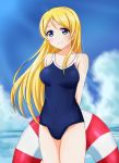  1girl alternate_hairstyle arms_behind_back ayase_eli blonde_hair blue_eyes blush breasts clouds competition_school_swimsuit covered_navel hair_down innertube long_hair love_live!_school_idol_project one-piece_swimsuit school_swimsuit sky smile solo swimsuit wewe 