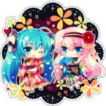  2girls aqua_eyes aqua_hair blue_eyes candy_apple chibi fan hatsune_miku holding ichiyou_moka japanese_clothes kimono looking_at_viewer lowres megurine_luka multiple_girls paper_fan pink_hair smile tagme uchiwa vocaloid yukata 