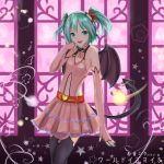  1girl blush dated demon_tail elbow_gloves fingerless_gloves gloves green_eyes green_hair hatsune_miku heart highres kinom_(sculpturesky) skirt smile solo tail thigh-highs twintails vocaloid wings world_is_mine_(vocaloid) 