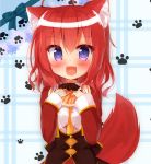  1girl ahoge amairo_islenauts animal_ears bangs blush bow buttons doughnut fang highres holding holding_food long_sleeves looking_at_viewer masaki_gaillard miktama necktie open_mouth paw_print redhead smile solo standing tail violet_eyes 