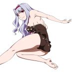  1girl ass barefoot black_swimsuit blush breasts casual_one-piece_swimsuit feet hairband idolmaster long_hair looking_back one-piece_swimsuit polka_dot puge red_eyes shijou_takane sideboob silver_hair simple_background smile soles solo swimsuit toes white_background 