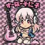  1girl alternate_color bandeau blush breasts chibi cleavage fishnet_legwear fishnets guitar headphones ichi/mine instrument jacket large_breasts long_hair looking_at_viewer lowres navel nitroplus open_clothes open_jacket pink_hair red_eyes smile solo super_sonico thigh-highs 