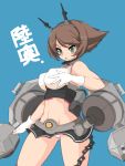  1girl absurdres breasts brown_hair chain chestnut_mouth gloves green_eyes hairband highres kantai_collection large_breasts machinery midriff mutsu_(kantai_collection) open_mouth panties pantyshot short_hair solo striped striped_panties thigh-highs translated underwear yajirushi_kaku 
