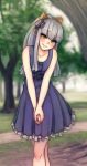  1girl akane_(ar_tonelico) alternate_hairstyle ar_tonelico ar_tonelico_iii blue_dress casual dress flat_chest grey_hair hair_ornament hands_clasped head_tilt long_hair looking_at_viewer monorus ponytail smile solo v_arms yellow_eyes 