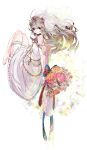  1girl absurdres arms_behind_back bare_legs bare_shoulders barefoot bouquet bridal_veil bride dress flower from_behind hair_ornament highres long_hair looking_at_viewer looking_back original red_eyes shiguma_(sigmasmail) silver_hair smile solo thigh_strap veil wedding_dress white_dress 
