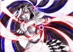  1girl bust energy_ball glowing glowing_eyes graphite_(medium) hane_(azelye) horns kijin_seija looking_at_viewer multicolored_hair partially_colored short_hair short_sleeves solo streaked_hair tongue tongue_out touhou traditional_media 