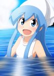  1girl :d absurdres blue_eyes blue_hair blush bust collarbone gandoru hat highres ikamusume looking_at_viewer one-piece_swimsuit open_mouth partially_submerged shinryaku!_ikamusume small_breasts smile solo squid_hat swimsuit tentacle_hair water wet 
