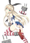  &gt;_&lt; 1girl anchor_hair_ornament ass bare_shoulders black_panties blonde_hair blue_eyes elbow_gloves gloves head_tilt kantai_collection leg_up lifebuoy long_hair looking_at_viewer neckerchief panties pleated_skirt rensouhou-chan ro-ichi sailor_collar shimakaze_(kantai_collection) skirt smile solo striped striped_legwear thigh-highs thong triangle_mouth underwear white_background white_gloves |_| 